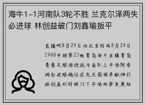 海牛1-1河南队3轮不胜 兰克尔泽两失必进球 林创益破门刘鑫瑜扳平